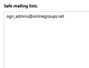 To whitelist an online group, add the group email address to the list of safe mailing lists